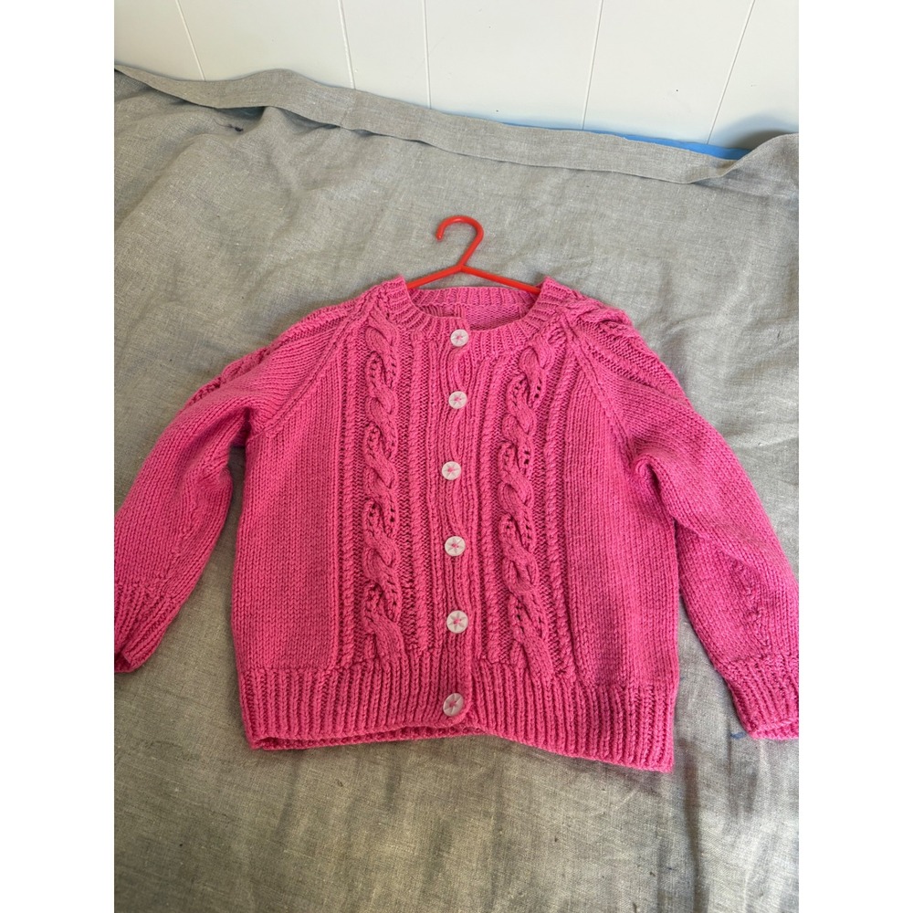 Handmade Pink Cable Knit Cardigan Girls Kids‎ Chunky Button Front Sweater 15x16